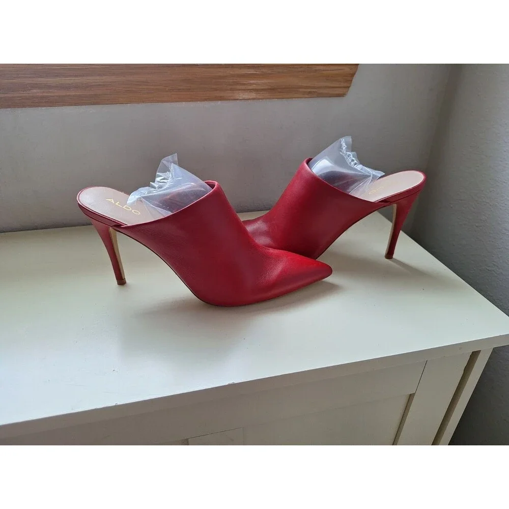 ALDO Red Leather Pointed Toe Mule Pumps Slip On Stiletto Heels US 10